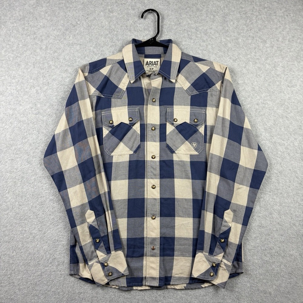 Ariat Shirt Mens Small Blue Beige Plaid Pearl Snap Sawtooth Lightweight Western